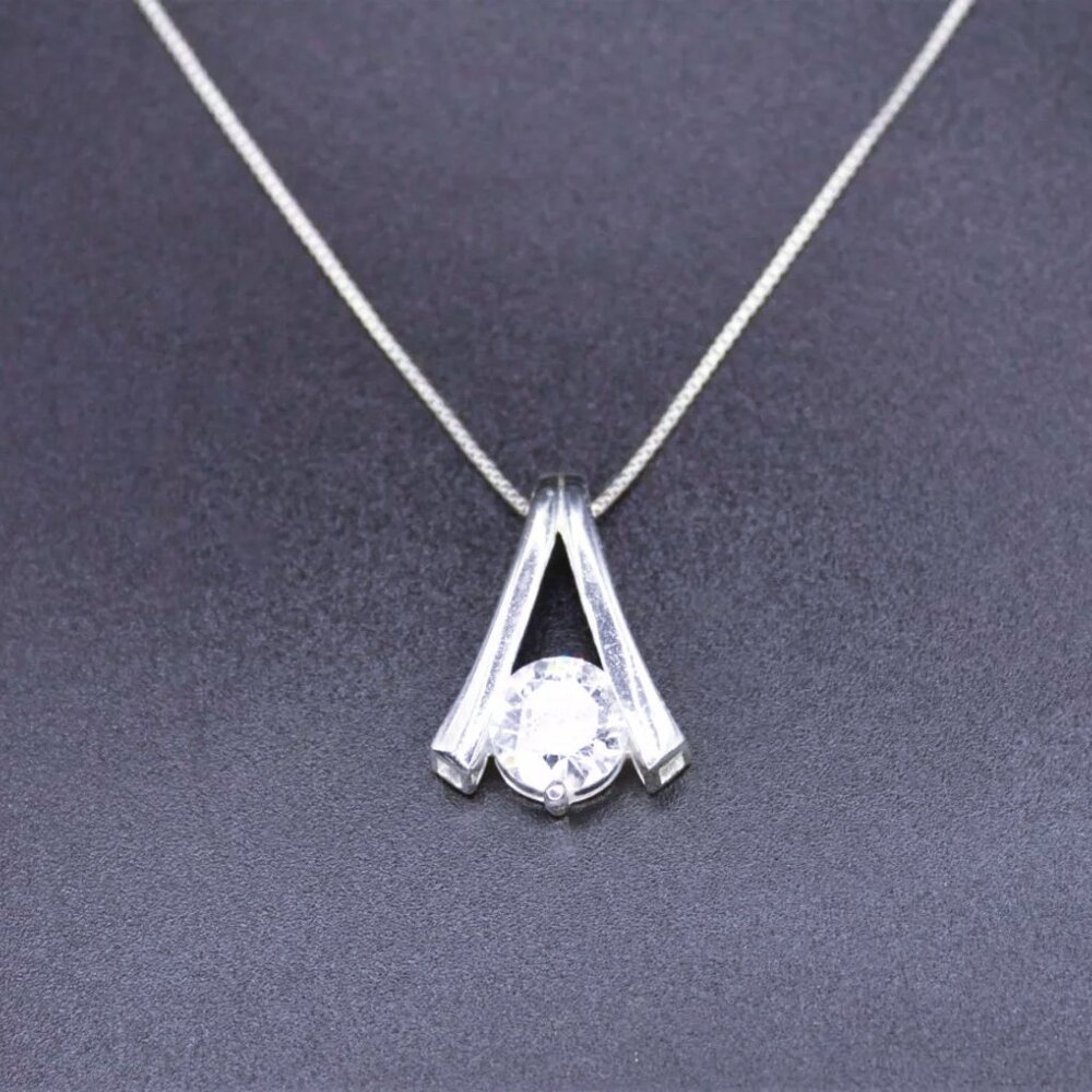 925 Sterling Silver Signed C Cubic Zirconia Large Pendant Necklace
